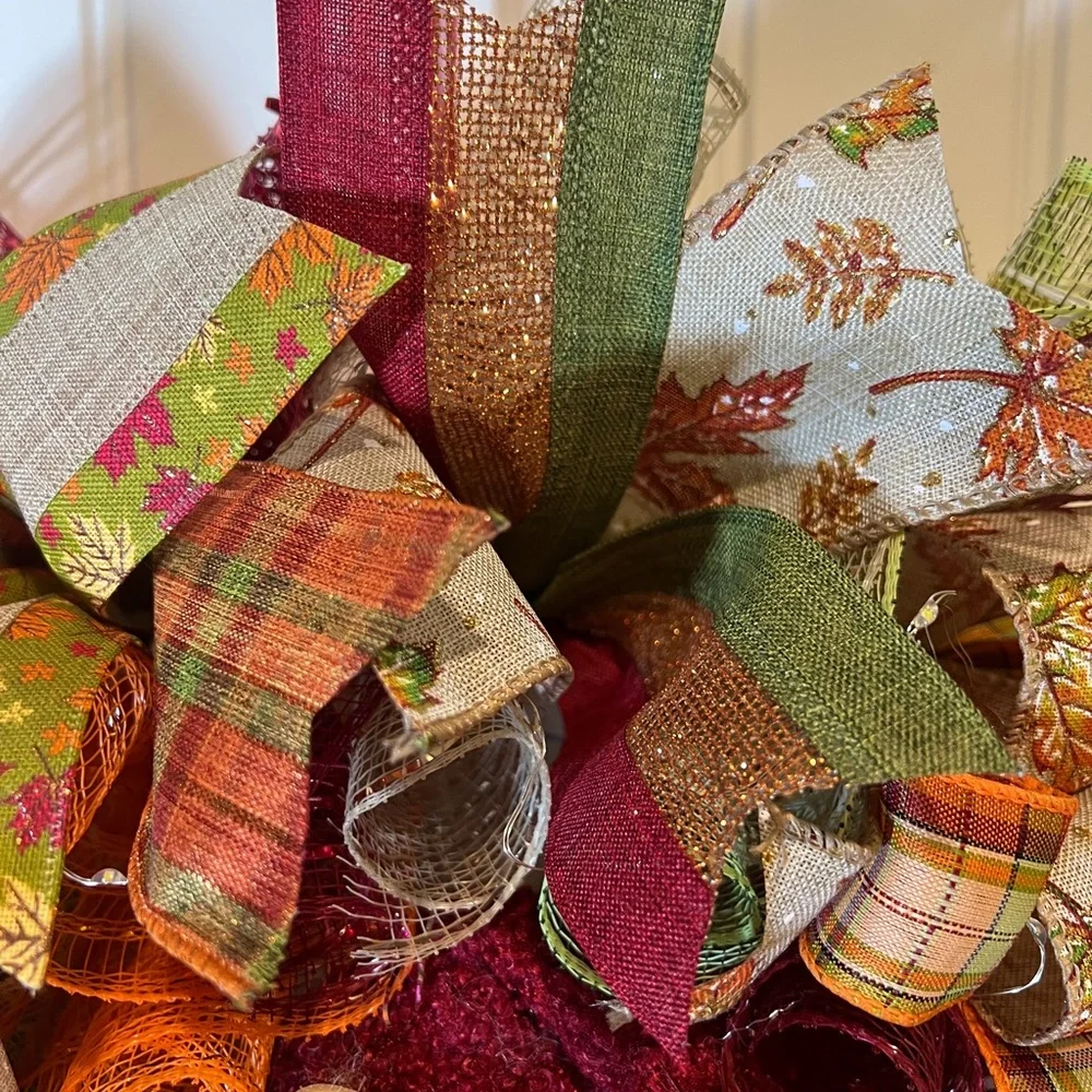 Autum Fall Ribbon Wreath Thankful Gnome Handmade 22 in’s. #W3
